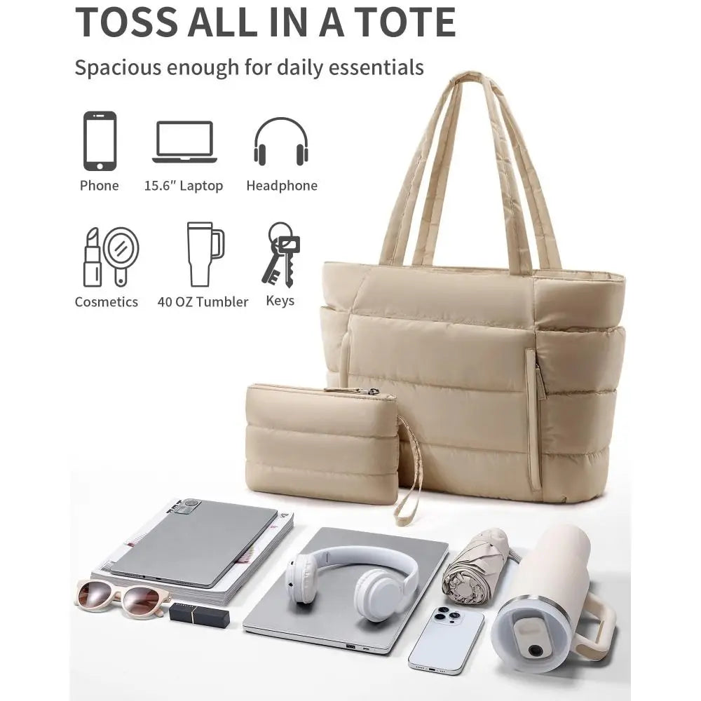 Large Capacity Puffer Tote Bag for Women Multiple Pockets with Coin Purse Commuting Bags Lightweight Water-Resistant Mom Bag