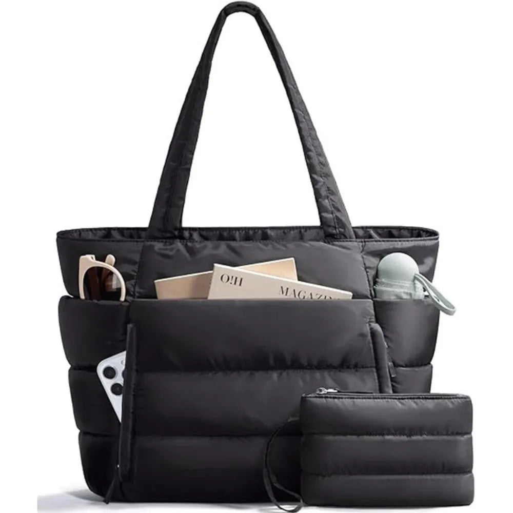 Large Capacity Puffer Tote Bag for Women Multiple Pockets with Coin Purse Commuting Bags Lightweight Water-Resistant Mom Bag