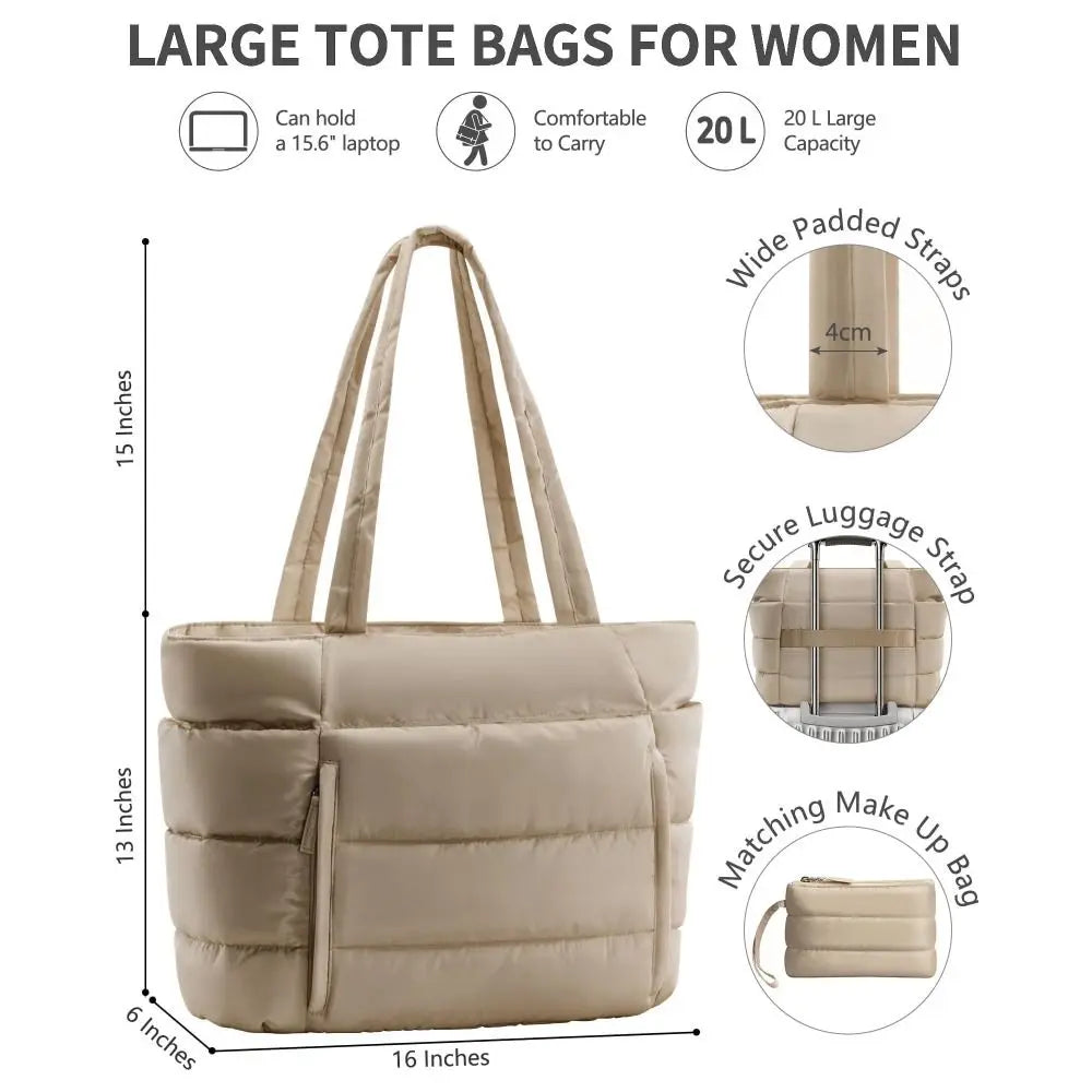 Large Capacity Puffer Tote Bag for Women Multiple Pockets with Coin Purse Commuting Bags Lightweight Water-Resistant Mom Bag