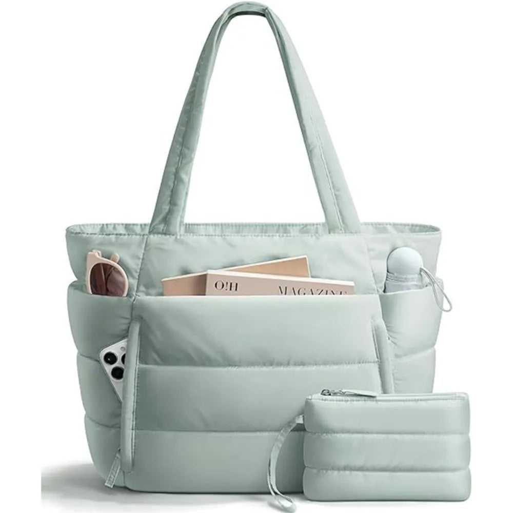 Large Capacity Puffer Tote Bag for Women Multiple Pockets with Coin Purse Commuting Bags Lightweight Water-Resistant Mom Bag