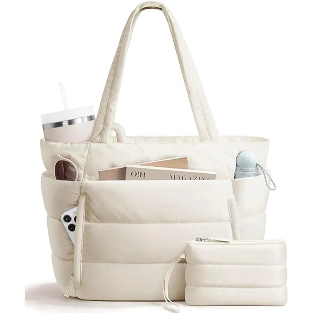 Large Capacity Puffer Tote Bag for Women Multiple Pockets with Coin Purse Commuting Bags Lightweight Water-Resistant Mom Bag
