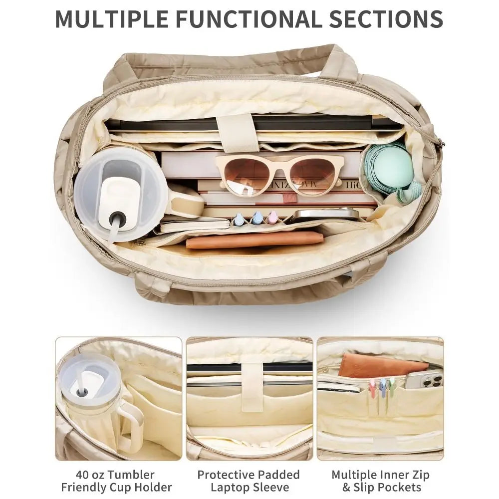 Large Capacity Puffer Tote Bag for Women Multiple Pockets with Coin Purse Commuting Bags Lightweight Water-Resistant Mom Bag