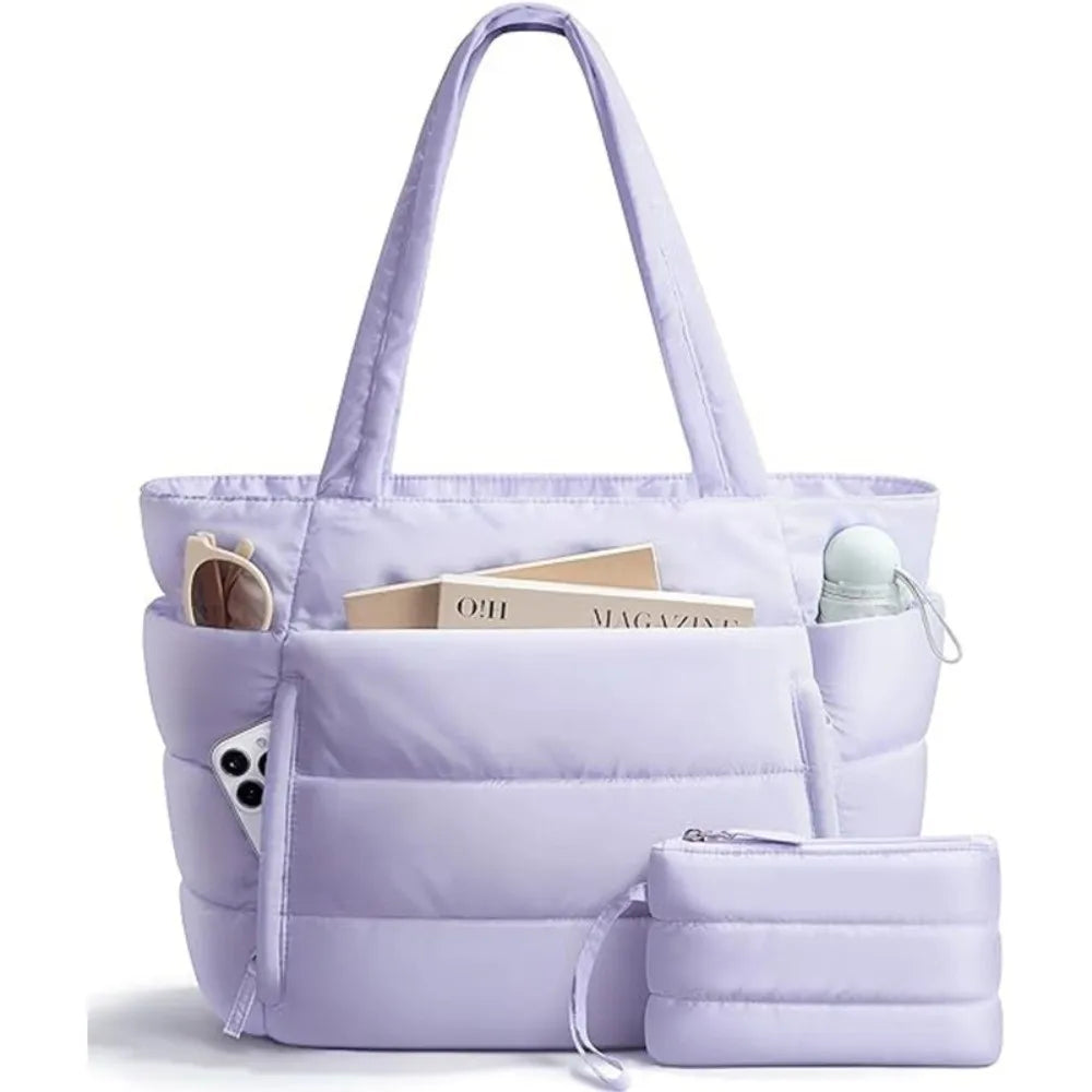 Large Capacity Puffer Tote Bag for Women Multiple Pockets with Coin Purse Commuting Bags Lightweight Water-Resistant Mom Bag