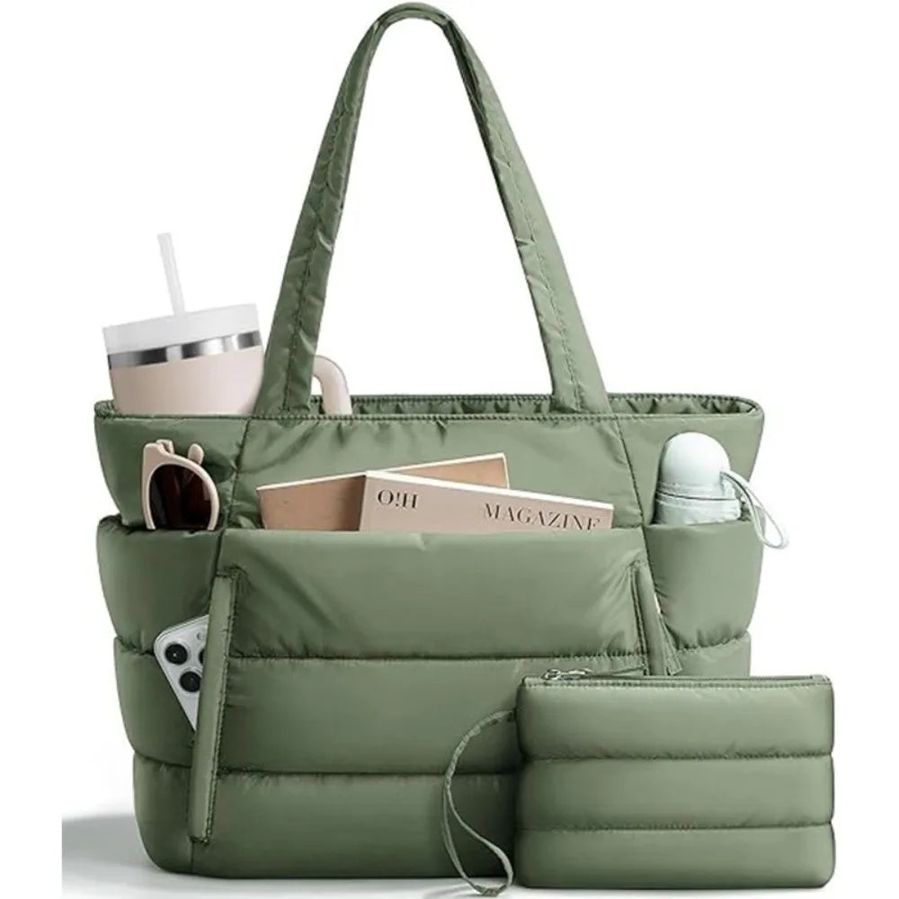 Large Capacity Puffer Tote Bag for Women Multiple Pockets with Coin Purse Commuting Bags Lightweight Water-Resistant Mom Bag