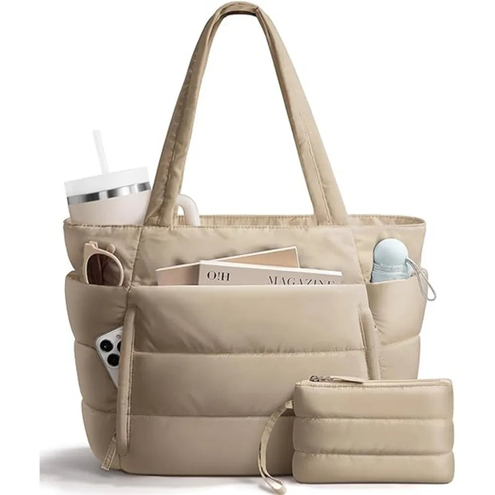Large Capacity Puffer Tote Bag for Women Multiple Pockets with Coin Purse Commuting Bags Lightweight Water-Resistant Mom Bag